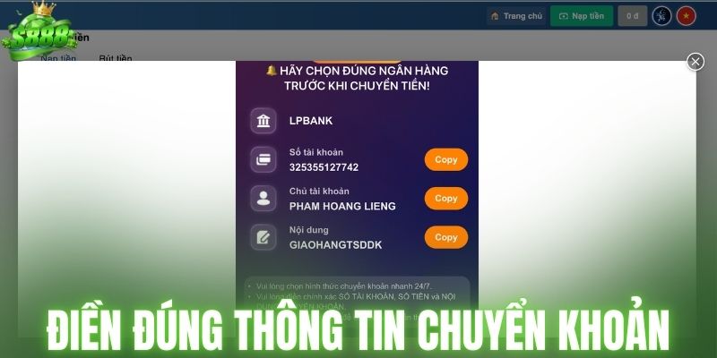 Điền đúng thông tin chuyển khoản theo hiển thị