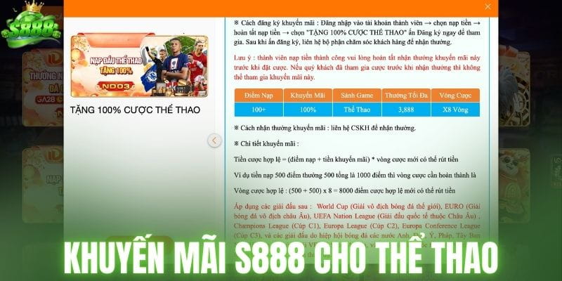 Khuyến mãi S888 khủng cho thể thao